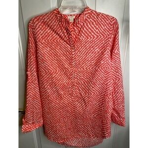 J. Crew Factory Coral White Print Cotton 1/2 Button Blouse Small Roll Tab Sleeve